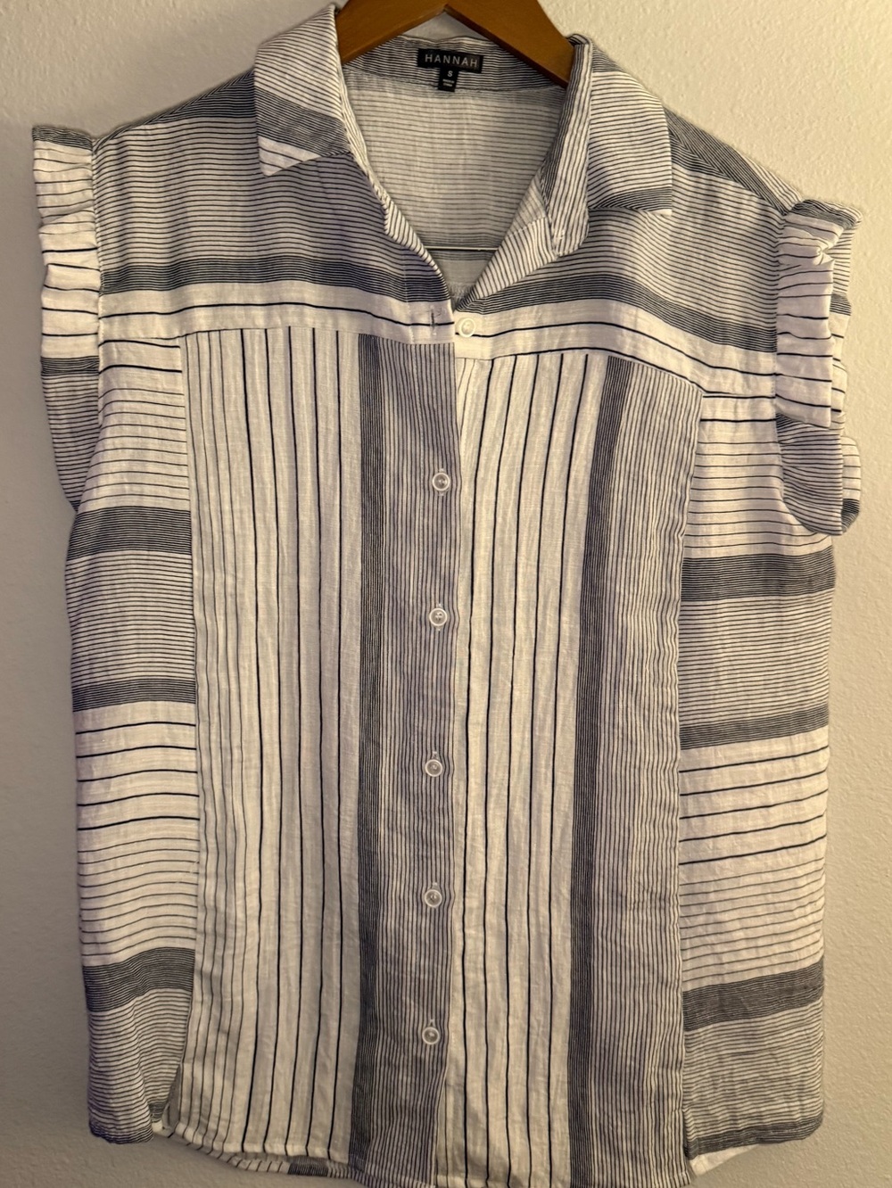 Hannah Gray and White Striped Sleeveless Button-Down Blouse